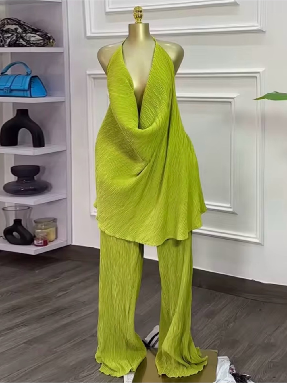 Draped Halter Wide-Leg Jumpsuit in Lime Green